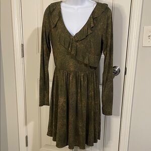 Olive Green Ruffled V-Neck Long Sleeve Dress